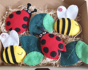 Handmade felt garden bugs, bumblebee, ladybird bunting/garland