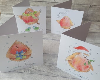 Robin watercolour Christmas cards, set of greeting cards, seasonal robin cards