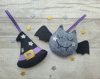 Handmade halloween witch hat and bat hanging decorations / Halloween ornament decoration