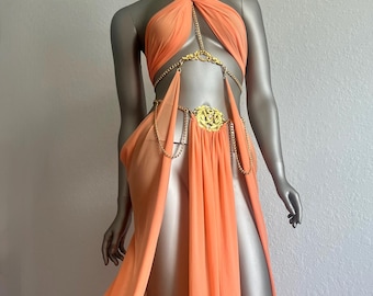 Queen “Atossa" Goddess Dress Halloween Costume Harem Girl  Fantasy Costume Sexy Priestess Slave Womens Festival Orange Chain Gown