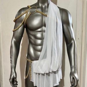 Disfraz de toga sexy de dios griego Apolo, gladiador griego, Espartaco, Zeus romano, espartano, arnés de cadena corporal para hombre, cadena de Halloween, exótico, transparente para hombre