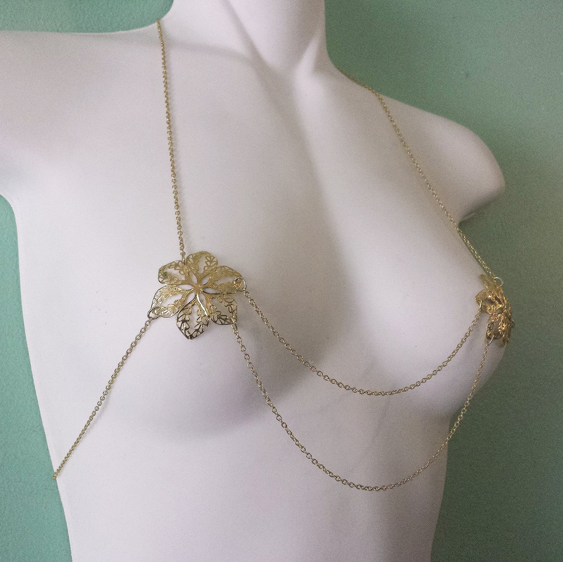 Gold Metal Pasties Filigree Delicate Flower Draping Chain Bra Etsy
