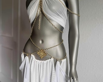 Elegant "Harem Enchantress Costume" Goddess Priestess Princess Queen Sexy Fantasy Fairy Chain Halloween Cosplay Girl Belly Dancer Fairy