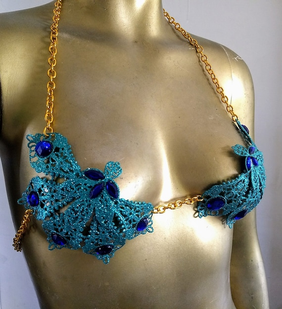 Aqua Blue Rhinetone METAL CHAIN BRALETTE Top Pasties Bra Sexy Dancer  Glitter Festival Burlesque Exotic Fantasy Showgirl Rave Costume Bikini 