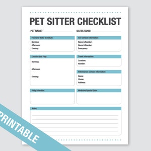 Puede incluir: Lista de verificación imprimible para cuidadores de mascotas. La lista incluye secciones para el nombre de la mascota, las fechas de partida, el horario de comida y agua, el ejercicio y el juego, el horario de aseo, nuestra información de contacto, información de viaje, información de contacto del veterinario y medicamentos/atención especial. También hay una sección de notas en la parte inferior.