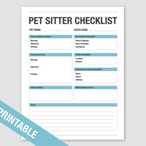 Pet Sitter Checklist, Printable, Pets, Dog, Cat, Checklist, Printable. Organization, Printable Household, Planner, Family, 2019 Calendar