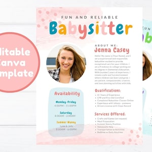 Editable Babysitter Flyer, Summer Nanny, Childcare Services, Babysitter Information, Printable Flyer, Babysitting Flyer, Canva