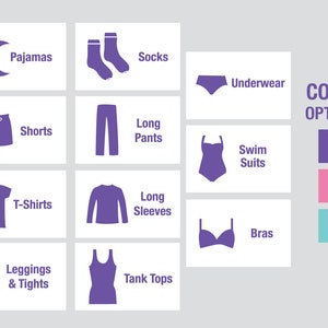May include: A chart with icons representing different types of clothing, such as pajamas, socks, underwear, shorts, long pants, swimsuits, t-shirts, long sleeves, bras, leggings and tights, and tank tops. The chart also includes a color options section with three color swatches: purple, pink, and turquoise.