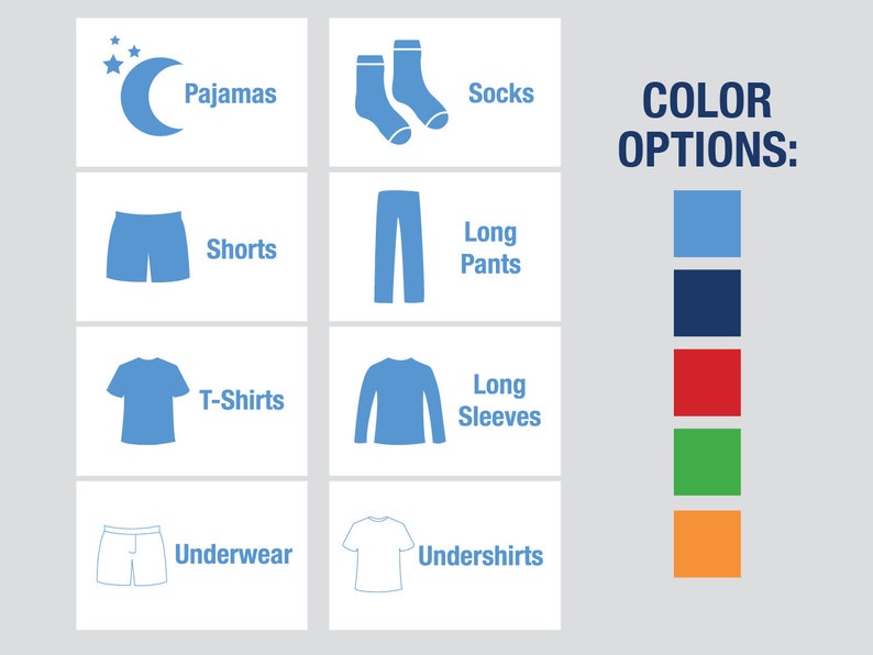 May include: A chart with icons representing different types of clothing, including pajamas, socks, shorts, long pants, t-shirts, long sleeves, underwear, and undershirts. The chart also includes a color options section with five color swatches: light blue, dark blue, red, green, and orange.