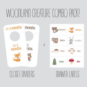 COMBO PACK - Woodland Creature Schrank Divider und Schubladenetiketten, Kinderzimmer, Tiere, Baby Junge, Baby Mädchen, Baby-Dusche-Geschenk, Organisation