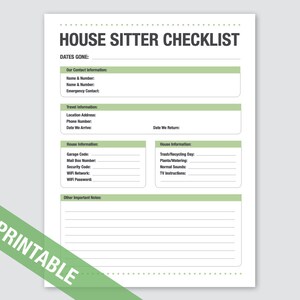 House Sitter Checklist, Printable, Home, Vacation, Checklist, Printable. Organization, Printable Household, Planner, Family, 2019 Calendar