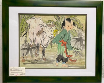 May include: A watercolor painting of a young child walking with a white cow. The child is wearing a green shirt with a red sash and red shoes. The cow is walking in front of the child and has a white and brown spotted coat. The painting is set against a background of green leaves and a light brown ground.
