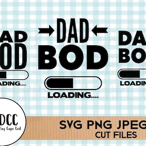 Peut inclure: Conception graphique en noir et blanc avec le texte "Dad Bod" et une barre de chargement en dessous. Le texte "Loading..." est sous la barre. Le graphique est répété trois fois avec de légères variations.