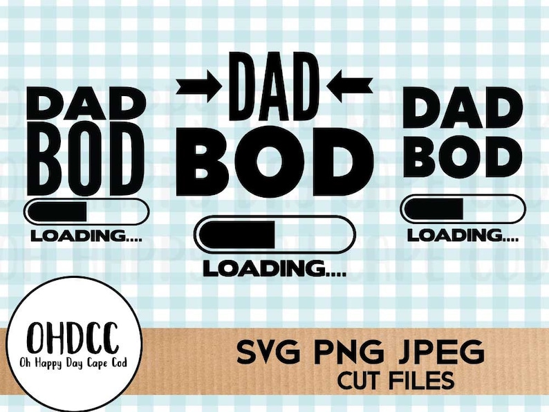 Pode incluir: Design gr&aacute;fico em preto e branco com o texto "Dad Bod" e uma barra de carregamento abaixo. O texto "Loading..." est&aacute; abaixo da barra. O gr&aacute;fico &eacute; repetido tr&ecirc;s vezes com pequenas varia&ccedil;&otilde;es.