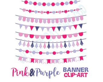 Clipart Pink Purple Banners Pennant Bunting Instant Download Invitation Graphics Party Stickers Planner Printable Commercial Personal Use