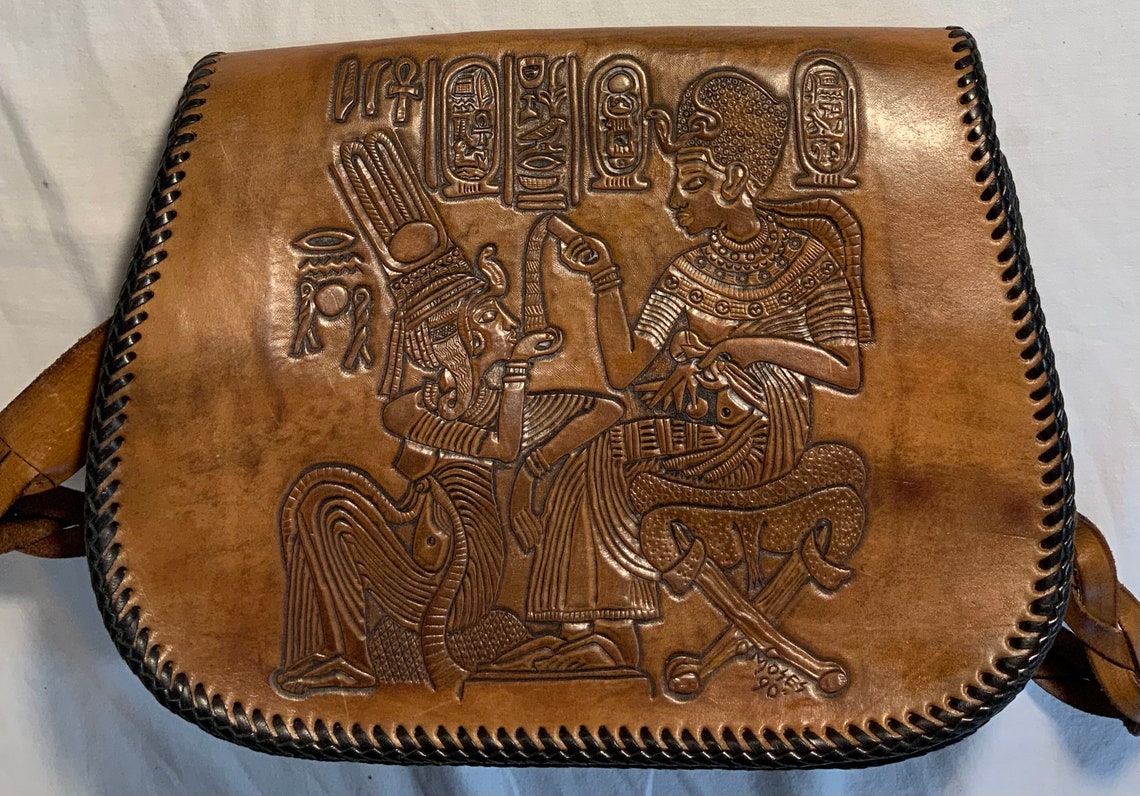 Vintage Leather Hand Tooled Hand Bag Ancient Egyptian Scene Etsy