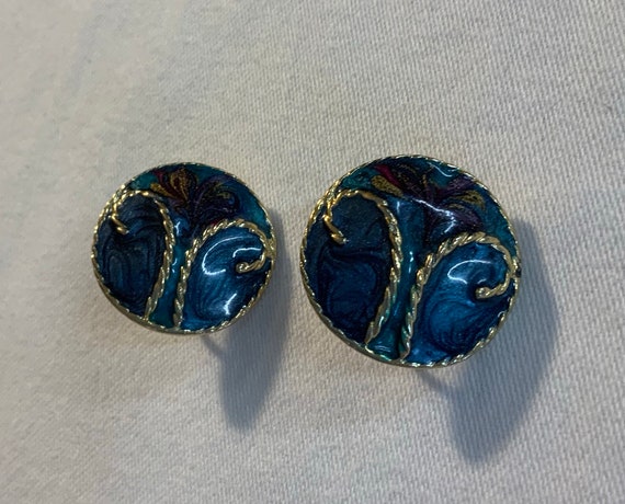 Vintage Clip On Earrings Blue Pearlescent And Gol… - image 3