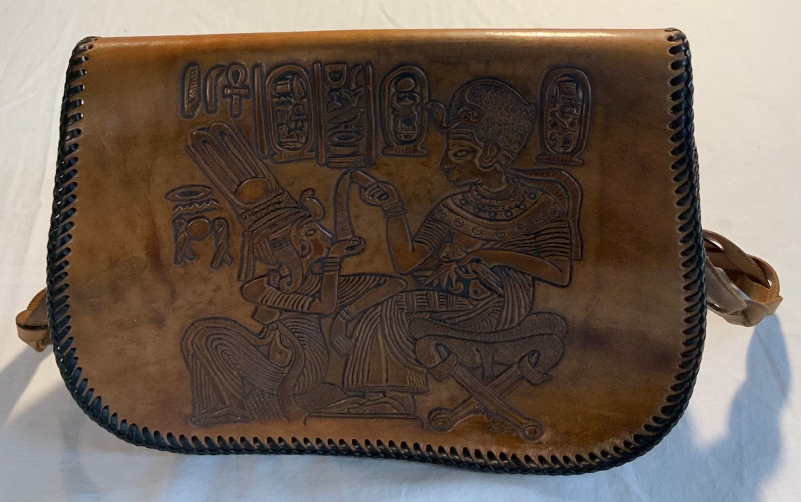 Vintage Leather Hand Tooled Hand Bag Ancient Egyptian Scene Etsy