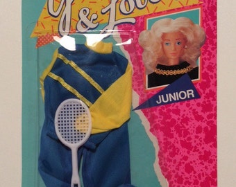 Vintage Young & Lovely Blue and Yellow Outfit, Sweatshirt, Sweatpants, Tennis Racket fits Barbie and other 11 1/2" dolls Shillman 1989