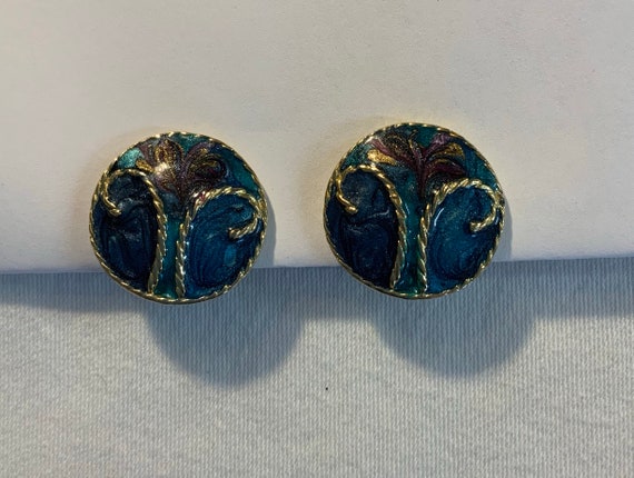 Vintage Clip On Earrings Blue Pearlescent And Gol… - image 1