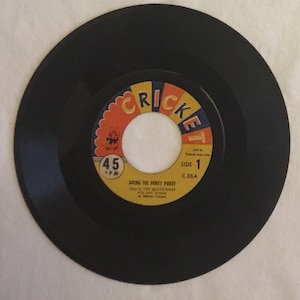 May include: A black vinyl record with a yellow and orange label. The label has a cartoon cricket on it and the text "CRICKET" in a yellow circle. The text "SIDE 1" and "C-55A" are also on the label. The text "DOING THE HOKEY POKEY" is printed below the label. The text "Sing by THE CRICKETONES" is printed below that. The text "with Graham Greister" is printed below that. The text "by Warren Vincent" is printed below that.