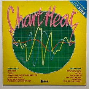 May include: A yellow and green record album cover with the title "Chart Meat" in pink lettering. The album cover features a green background with a graph of sound waves in red, blue, and yellow. The album cover lists the following artists: Madness, Yazoo, Kid Creole and the Coconuts, Kids from Fame, Modern Romance featuring John Du Prez, Bow Wow Wow, Toyah, Bucks Fizz, Hot Chocolate, and Survivor. The album cover also includes the K-tel logo.