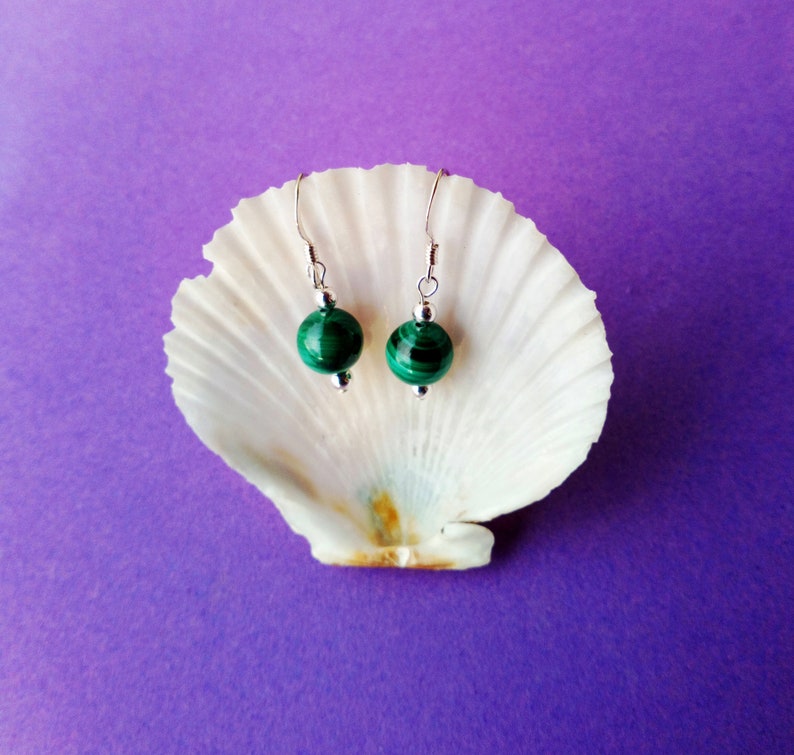 Malachite and Sterling Silver earrings. Hypoallergenic. Zodiac birthstone Scorpio and Capricorn. Emerald green image 1