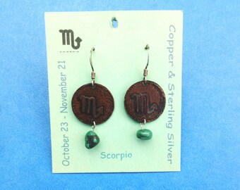 Scorpio Earrings with Turquoise birthstone. Sterling silver earrings. Hypoallergenic
