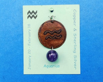 Aquarius Copper pendant with Amethyst birthstone. Zodiac pendant