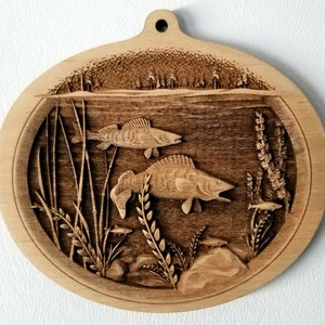 3D Ornaments. Walleyes Ornament.  Laser Engraved.  Unfinished Wood.