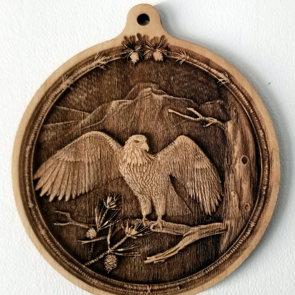 Adornos 3D. Adorno de árbol de águila. Grabado con láser. Madera sin terminar.