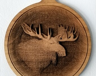 3D Ornaments. Moose Head Ornament. . Laser Engraved.  Unfinished Wood.