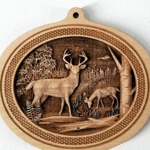 3D Ornaments. Deer Ornament.  Laser Engraved.  Unfinished Wood.