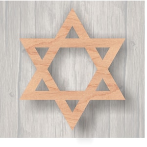 May include: A wooden Star of David cutout, also known as the Magen David, with a light brown color. The star is a popular symbol of Judaism and is often used in religious and cultural contexts.