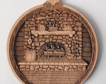 3D Wooden Ornament. Fireplace. Laser Engraved.  Unfinished Wood. Laser Engraved.