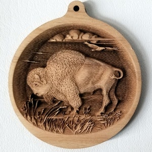 3D Ornaments. Bison Ornament. . Laser Engraved.  Unfinished Wood.