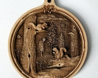 3D Wooden Ornament. Squirrel Woods. Laser Engraved.  Unfinished Wood. Laser Engraved.