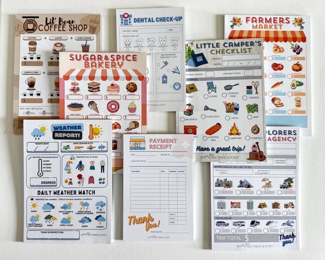 Pretend Play Notepads for Kids – 8 Pack Bakery, Coffee Shop, Dentist, Weather, Receipt, Farmer’s Market, Travel & Camping Set