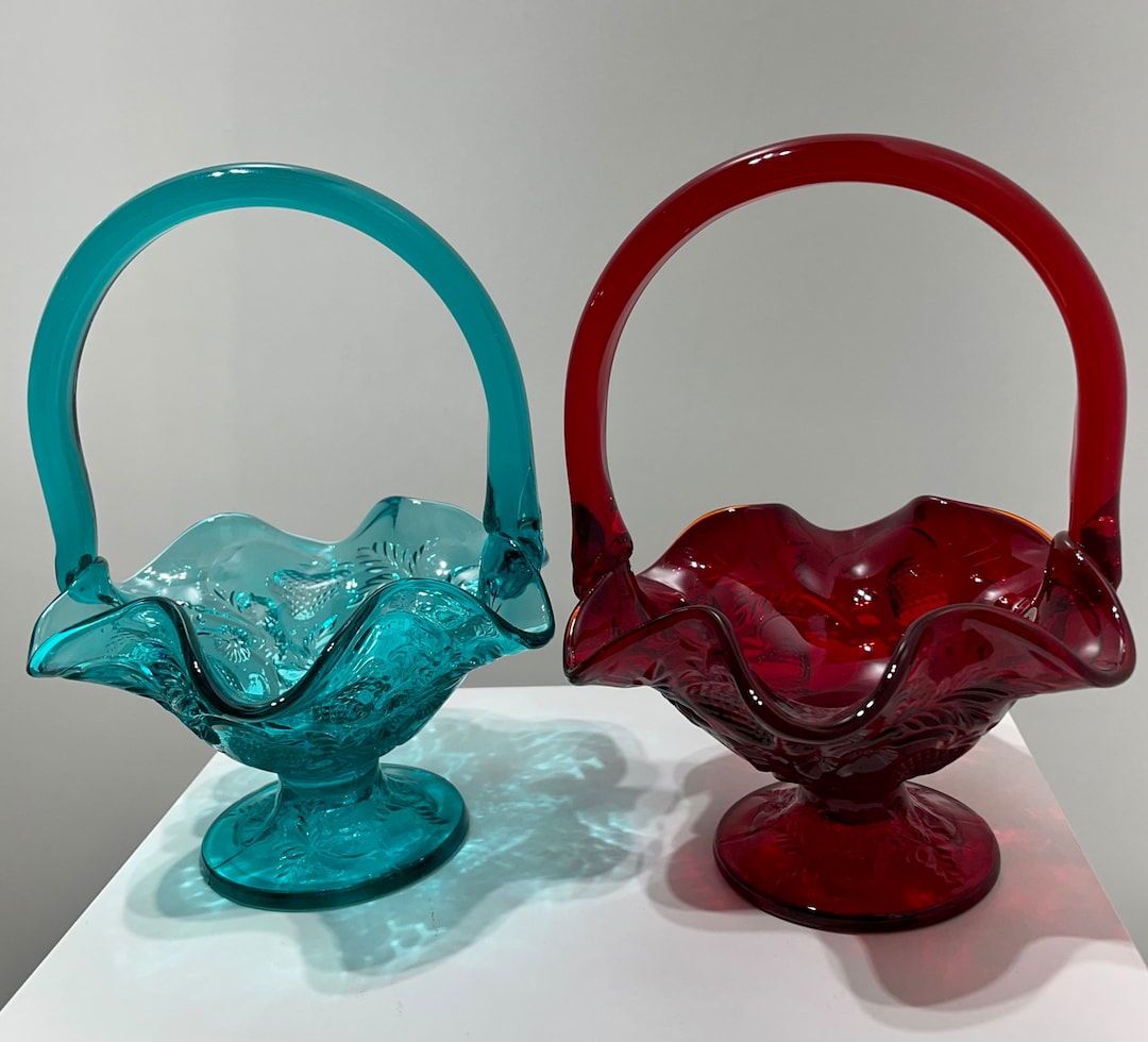 Fenton Inverted Strawberry Mini Glass Baskets/vintage Red & Blue Glass