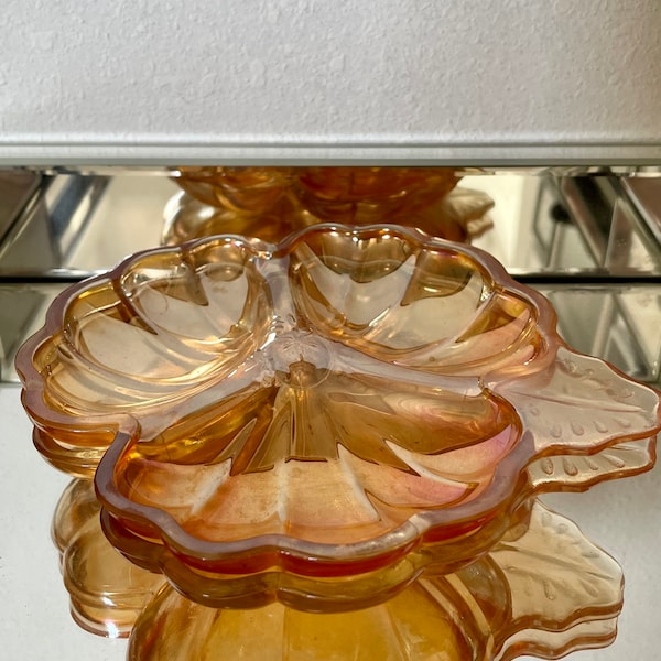 Vintage Marigold Carnival Glass Trinket Dish//Orange Iridescent Flower Tray