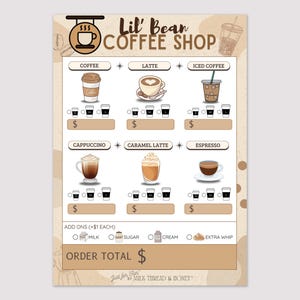 May include: A coffee shop menu with illustrations of coffee drinks, including coffee, latte, iced coffee, cappuccino, caramel latte, and espresso. The menu includes options for add-ons like milk, sugar, cream, and extra whip.