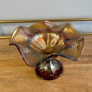 Vintage Fenton Peacock Tail Carnival Glass Compote: Amethyst Violet Dish