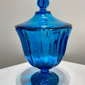 LE Smith Swung Lidded Compote Vase//Vintage Smith Glass Blue Swung Blown Glass Dish w/ Lid