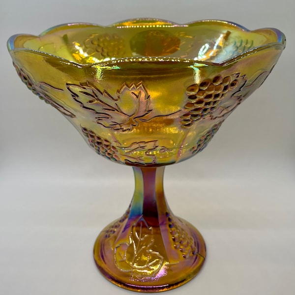 Indiana Glass Marigold Carnival Glass Footed Compote//Orange/Yellow/Gold Large Wedding Dish in Harvest Grape