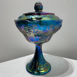 Vintage Indiana Glass Co. Harvest Grape Lidded Compote/Candy Dishes//Blue Carnival Glass Dishes