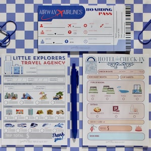 May include: A travel-themed flat lay featuring a boarding pass, hotel check-in form, and travel agency form. The forms are white with blue and red accents. Blue pens and paperclips are scattered around the forms on a blue and white checkered surface.