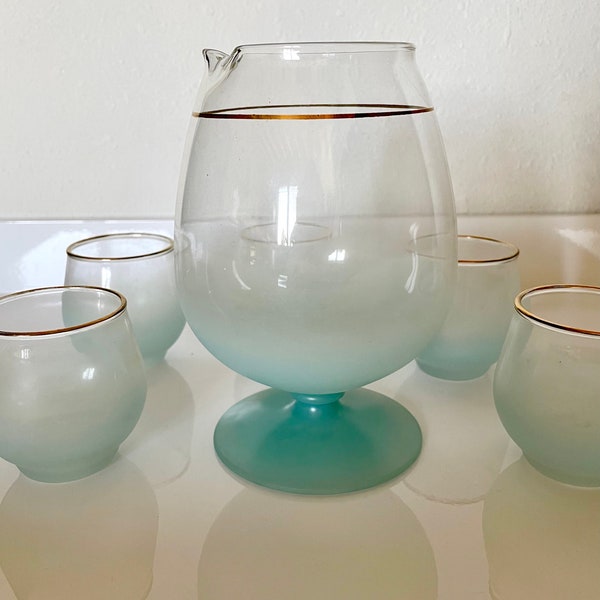 Vintage Light Blue Blendo Cocktail Set//Brandy Decanter and Glasses C.1950s-1960s West Virginia Glass Co.