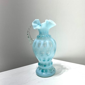 Vintage Fenton Blue Opalescent Coin Dot Glass Pitcher Vase