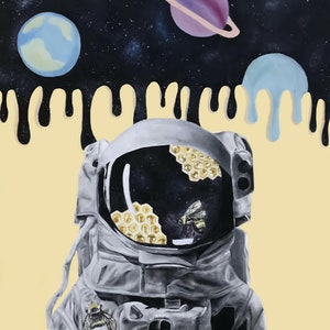 May include: A painting of an astronaut in a white spacesuit with a black visor. The astronaut's visor reflects a starry sky with honeycomb patterns and a bee. The background is a yellow and black dripping pattern.