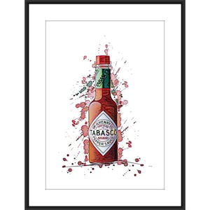 Tabasco Paprika würzige Sauce Boho Red Jar Paint Spritzflasche A4 Poster. Küche, Esszimmer, Vorratsraum. Ungewöhnliche Kunst. Retro. Koch Geschenk